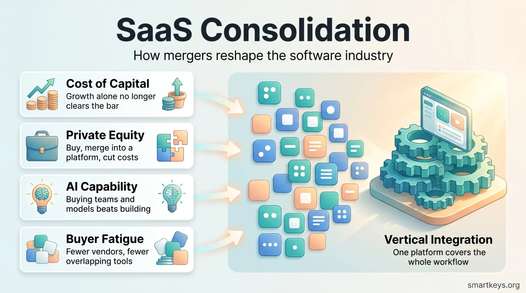 SaaS consolidation infographic showing four drivers, from cost of capital to buyer fatigue, merging many apps into one integrated platform.