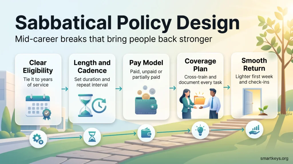 Sabbatical policy infographic showing five steps: clear eligibility, length and cadence, pay model, coverage plan and a smooth return to work.