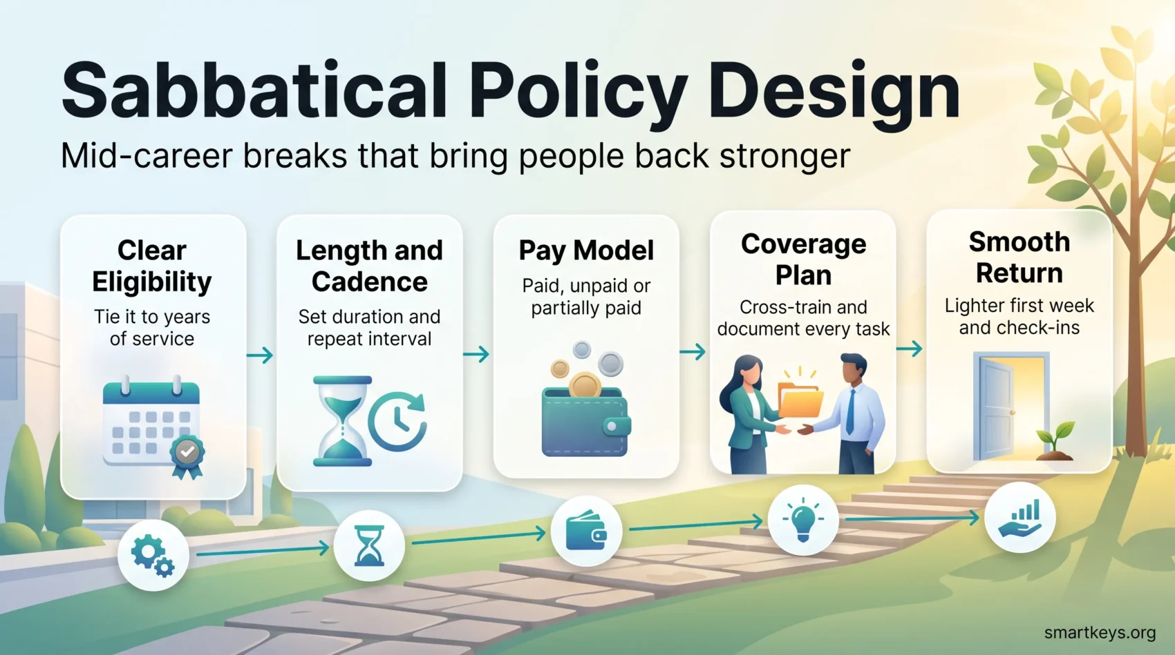 Sabbatical policy infographic showing five steps: clear eligibility, length and cadence, pay model, coverage plan and a smooth return to work.