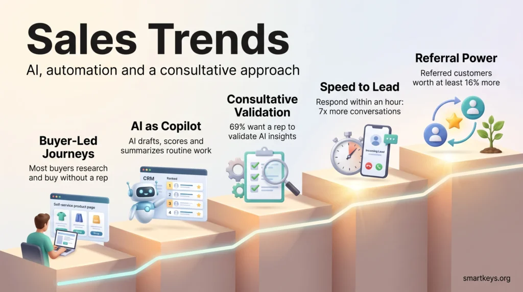 Sales trends infographic showing buyer-led journeys, AI as a sales copilot, consultative validation, fast lead response and the value of referrals.