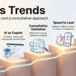 Sales trends infographic showing buyer-led journeys, AI as a sales copilot, consultative validation, fast lead response and the value of referrals.