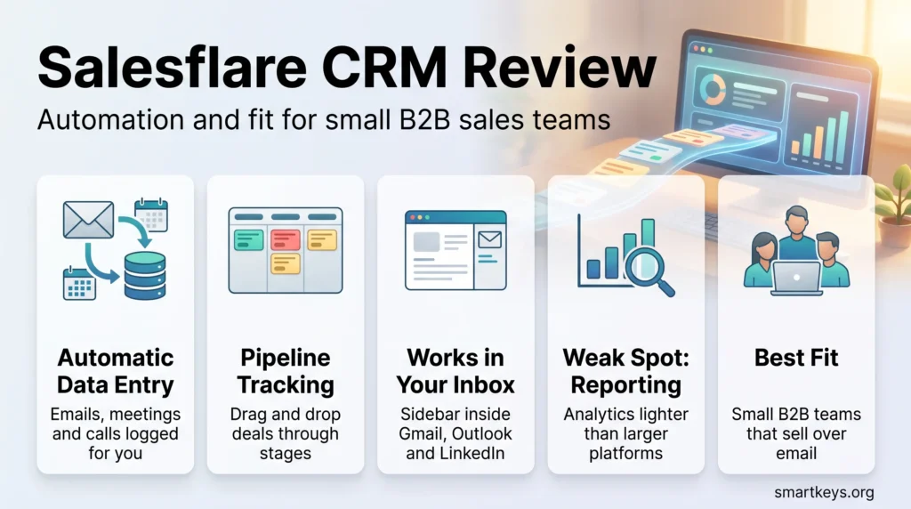 Salesflare CRM review infographic: automatic data entry, pipeline tracking, inbox sidebars, lighter reporting and best fit for small B2B sales teams.