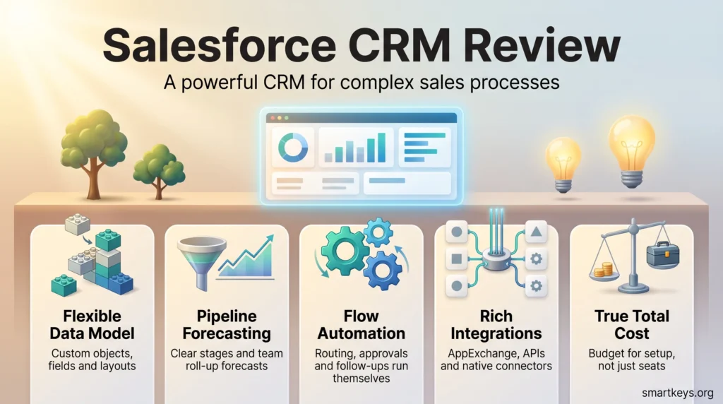 Salesforce CRM review infographic with five cards: flexible data model, pipeline forecasting, Flow automation, rich integrations and true total cost.
