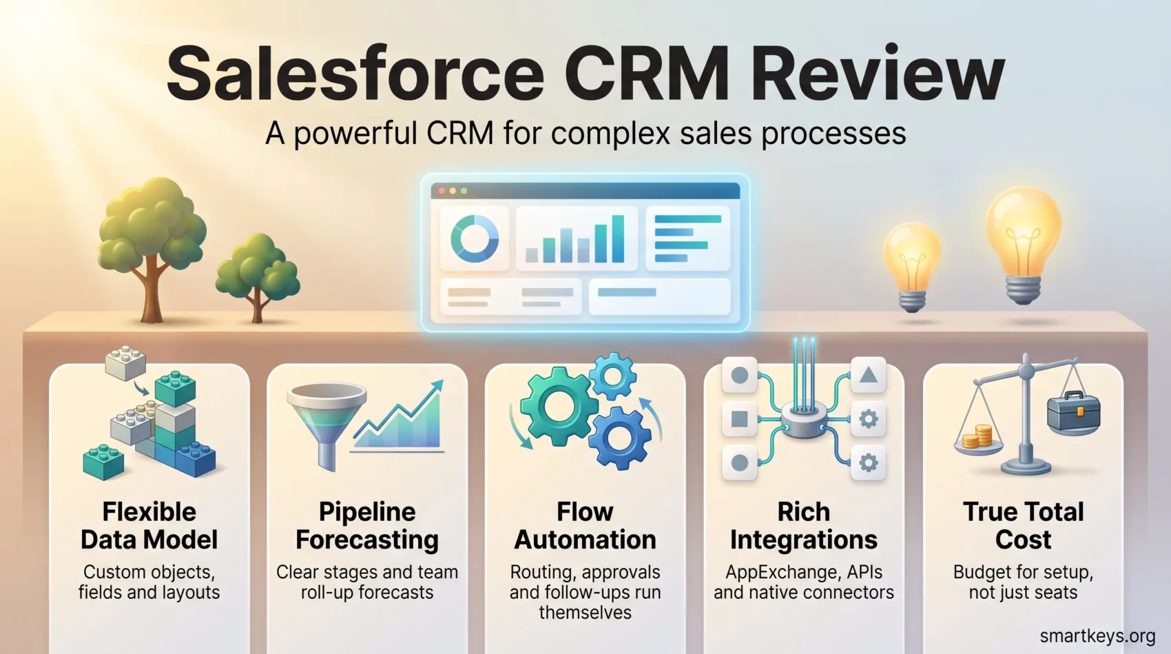 Salesforce CRM review infographic with five cards: flexible data model, pipeline forecasting, Flow automation, rich integrations and true total cost.