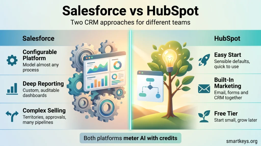 Salesforce vs HubSpot infographic comparing a configurable CRM platform for complex selling with an easy start CRM that has built-in marketing and a free tier