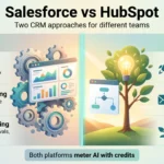 Salesforce vs HubSpot 2026: Pricing, Features and Verdict Salesforce vs HubSpot infographic comparing a configurable CRM platform for complex selling with an easy start CRM that has built-in marketing and a free tier