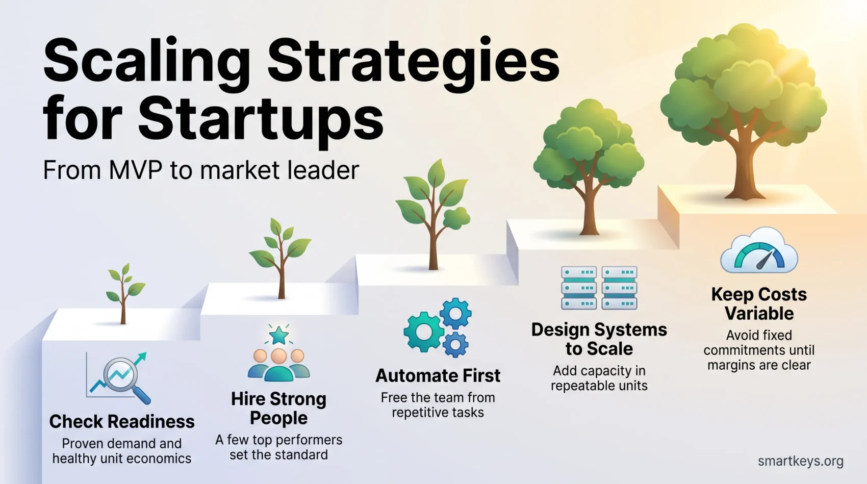 Scaling strategies for startups infographic: a staircase of growing trees covering readiness, strong hires, automation, scalable systems and variable costs.