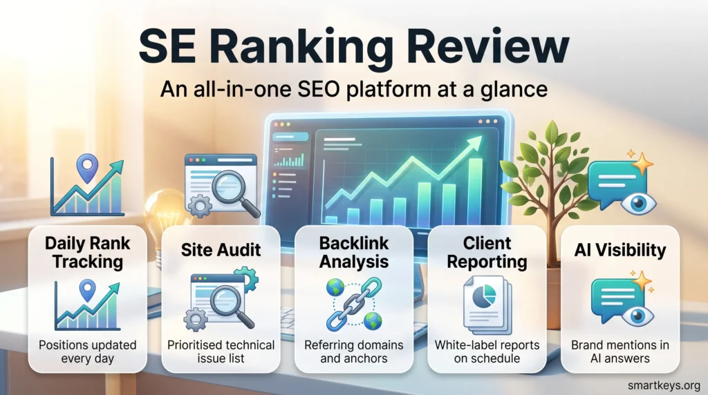 SE Ranking review infographic showing five core features: daily rank tracking, site audit, backlink analysis, client reporting and AI visibility.
