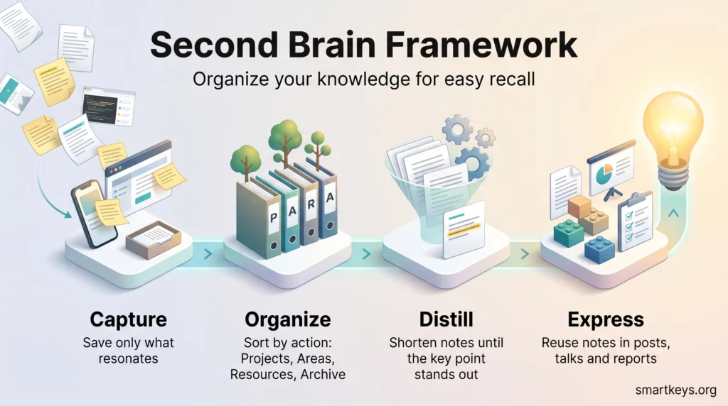 Infographic of the second brain framework: capture, organize with PARA, distill and express notes in a left-to-right flow ending in a lightbulb.