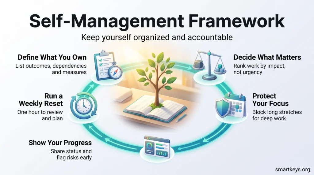 Self-management framework infographic showing a five-step loop: define what you own, decide what matters, protect your focus, show progress, and run a weekly reset.