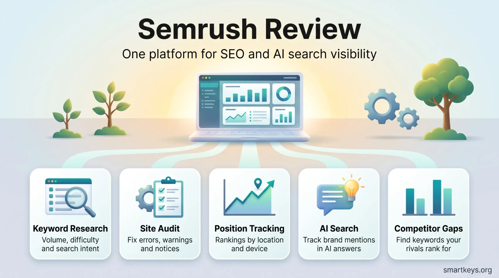 Semrush review infographic showing keyword research, site audit, position tracking, AI search tracking and competitor gap analysis in one SEO platform.