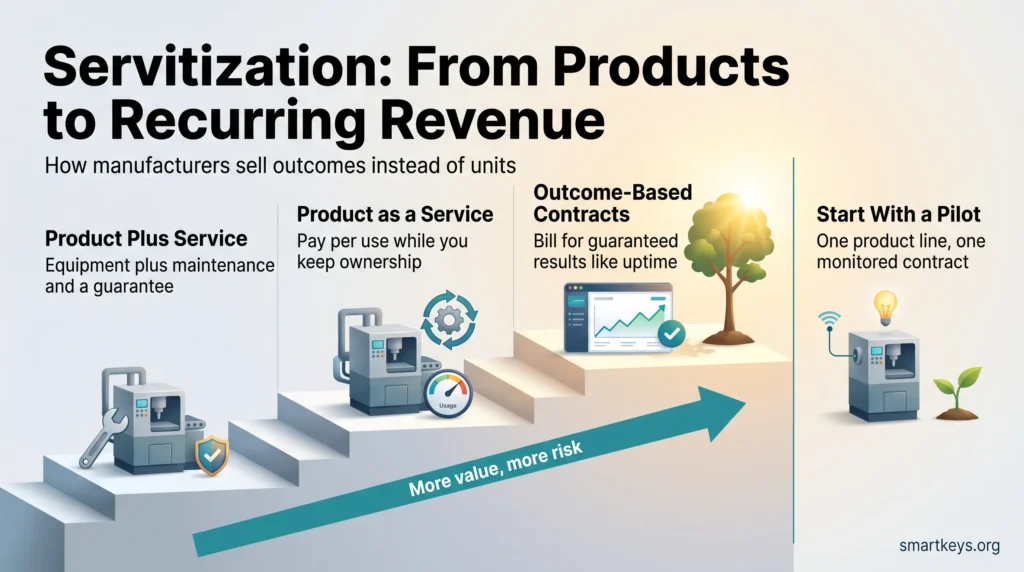 Servitization infographic: a staircase from product plus service to product as a service and outcome-based contracts, plus starting with one pilot contract.
