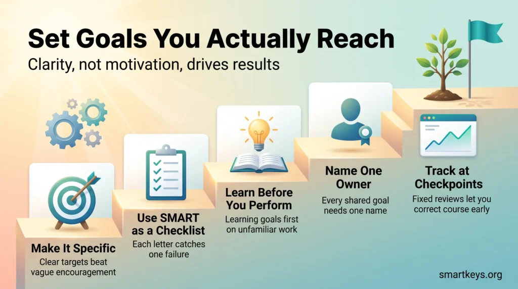 Goal setting infographic showing five rising steps: make it specific, use SMART as a checklist, learn before you perform, name one owner, track at checkpoints.