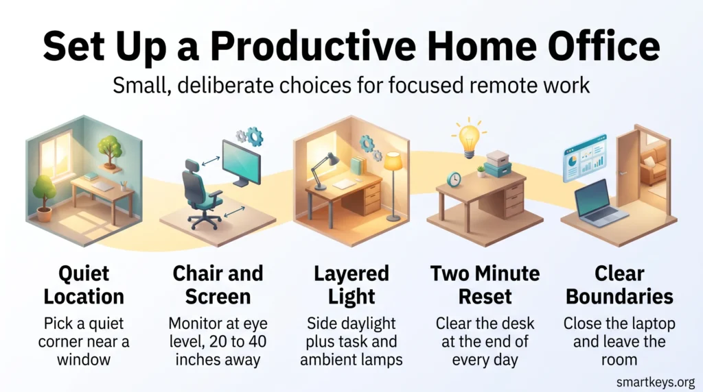 Infographic on how to set up a productive home office: quiet location, chair and screen at eye level, layered light, a daily desk reset and clear boundaries.
