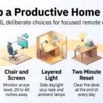 How to Set Up a Productive Home Office for Remote Work Infographic on how to set up a productive home office: quiet location, chair and screen at eye level, layered light, a daily desk reset and clear boundaries.