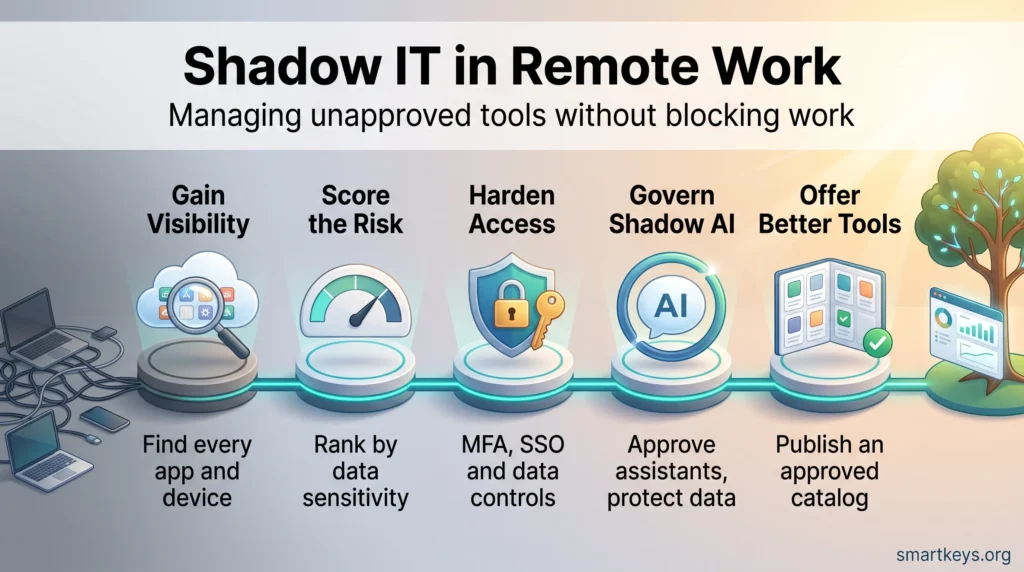 Shadow IT in remote work infographic with five steps: gain visibility, score risk, harden access, govern shadow AI and offer better approved tools.