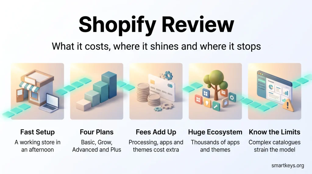 Infographic for a Shopify review showing fast setup, four plans, add-on fees, a huge app ecosystem and the platform's limits.