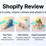 Shopify Review 2026: Pricing, Features and Verdict Infographic for a Shopify review showing fast setup, four plans, add-on fees, a huge app ecosystem and the platform's limits.