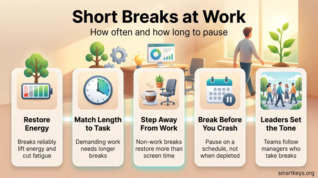 Infographic on short breaks at work: restore energy, match break length to the task, step away from work, pause before you crash, and leaders set the tone.