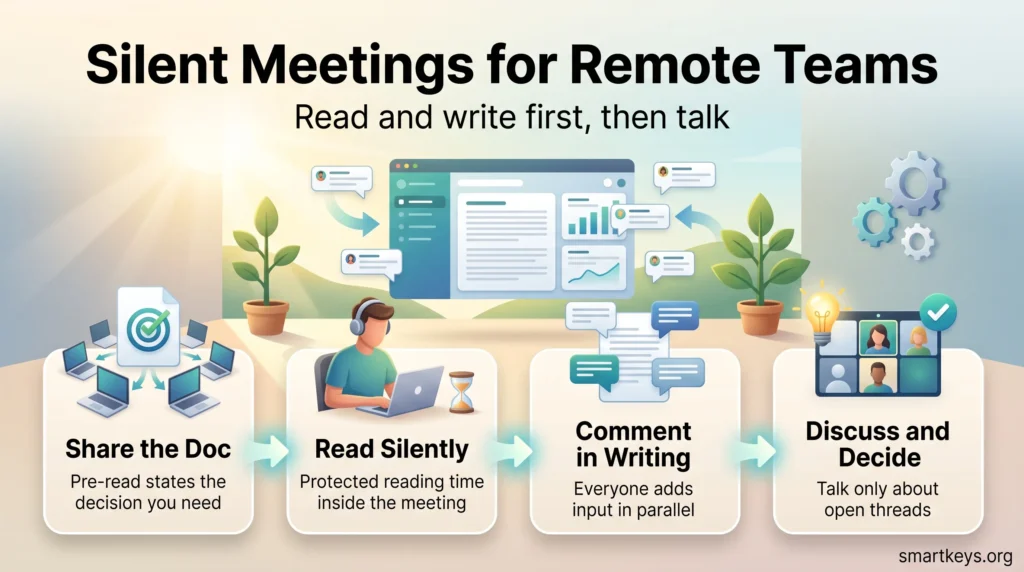 Infographic on silent meetings for remote teams: share the doc, read silently, comment in writing, then discuss and decide.