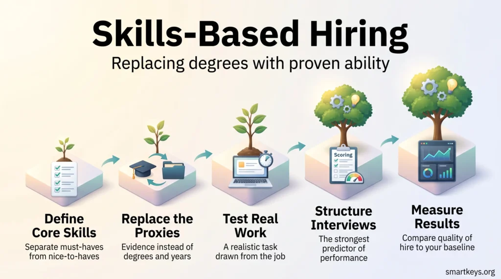 Infographic showing skills-based hiring in five steps: define core skills, replace degree proxies, test real work, structure interviews and measure results.