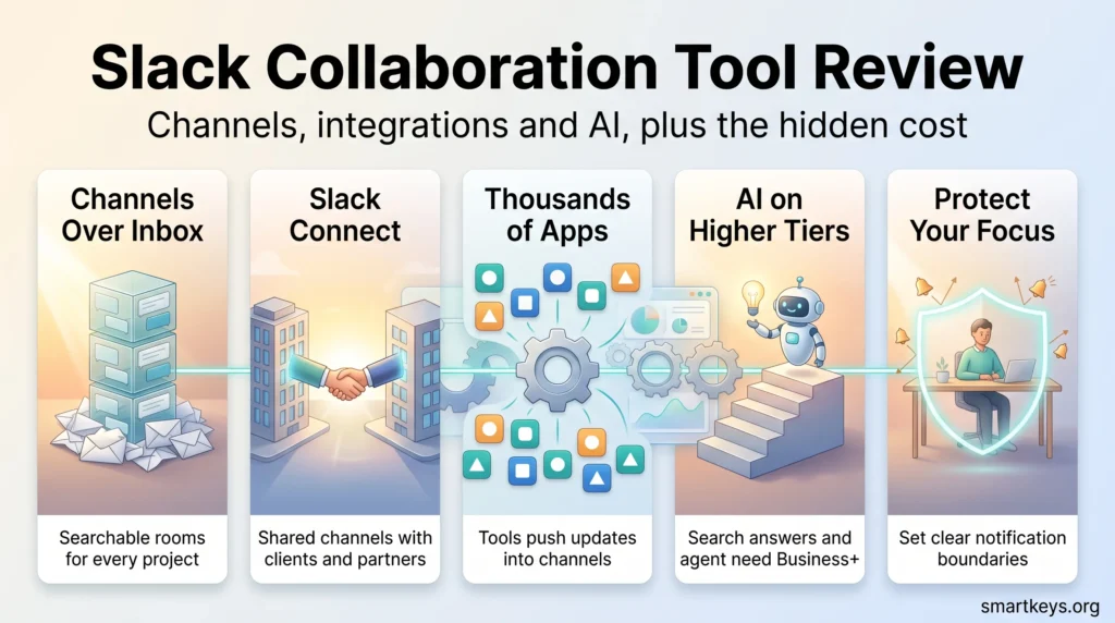 Infographic for a Slack collaboration tool review: channels over inbox, Slack Connect, thousands of apps, AI on higher tiers and protecting focus.