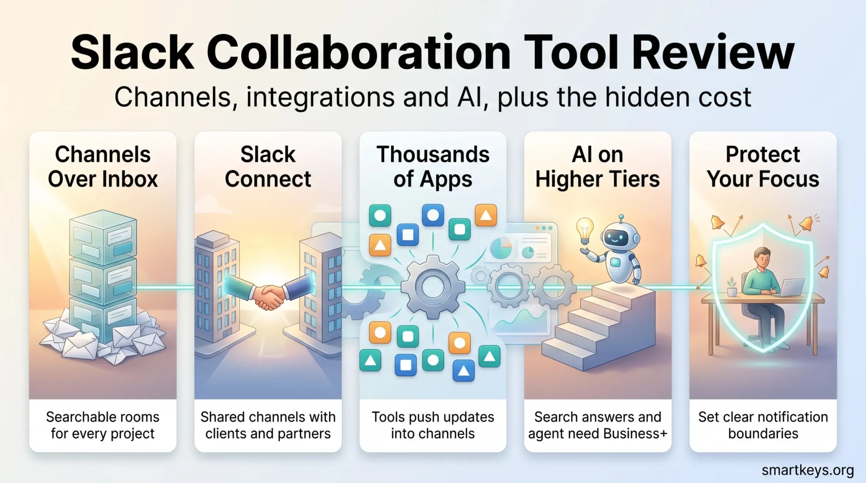 Infographic for a Slack collaboration tool review: channels over inbox, Slack Connect, thousands of apps, AI on higher tiers and protecting focus.