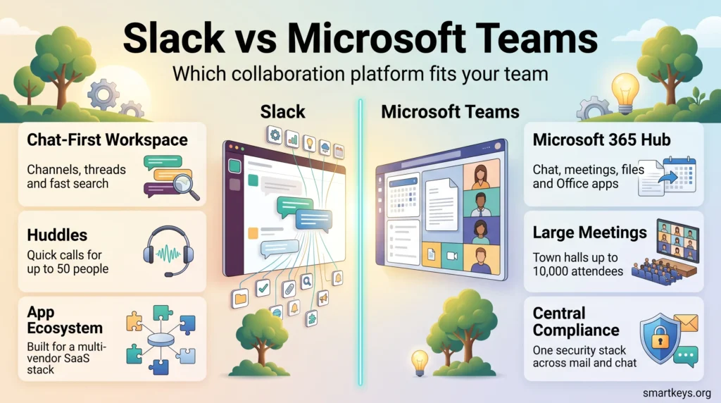 Infographic comparing Slack vs Microsoft Teams: chat-first workspace, huddles and apps versus Microsoft 365 integration, large meetings and compliance.