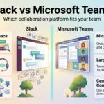 Infographic comparing Slack vs Microsoft Teams: chat-first workspace, huddles and apps versus Microsoft 365 integration, large meetings and compliance.