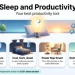 Infographic on sleep and productivity: seven hours of rest, a cool dark bedroom, short power naps and switching off after work.