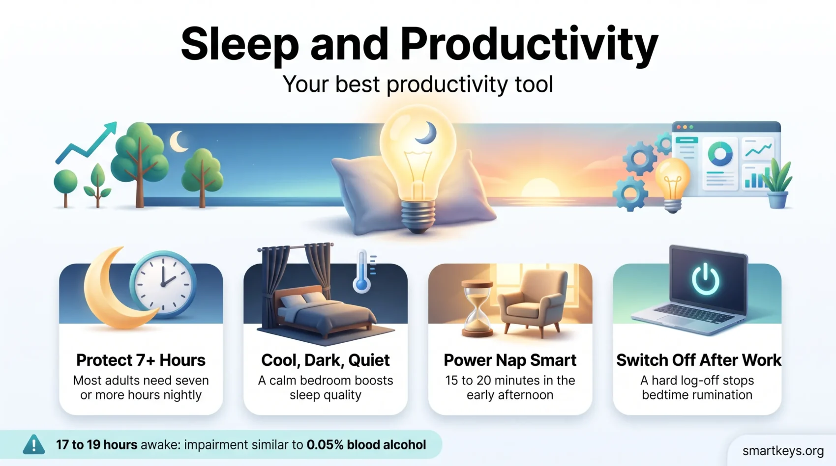 Infographic on sleep and productivity: seven hours of rest, a cool dark bedroom, short power naps and switching off after work.