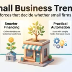 Small Business Trends 2026: What Is Actually Changing Small business trends infographic showing four forces behind growth: selling where buyers are, smarter financing, practical automation and protecting margins.