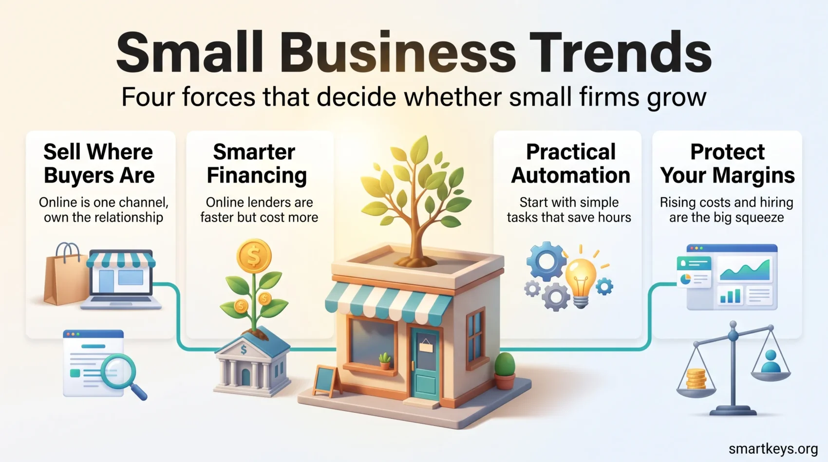 Small business trends infographic showing four forces behind growth: selling where buyers are, smarter financing, practical automation and protecting margins.