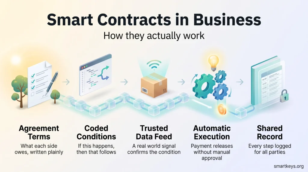 Infographic showing how smart contracts in business work, from agreement terms and coded conditions to automatic payment and a shared record.