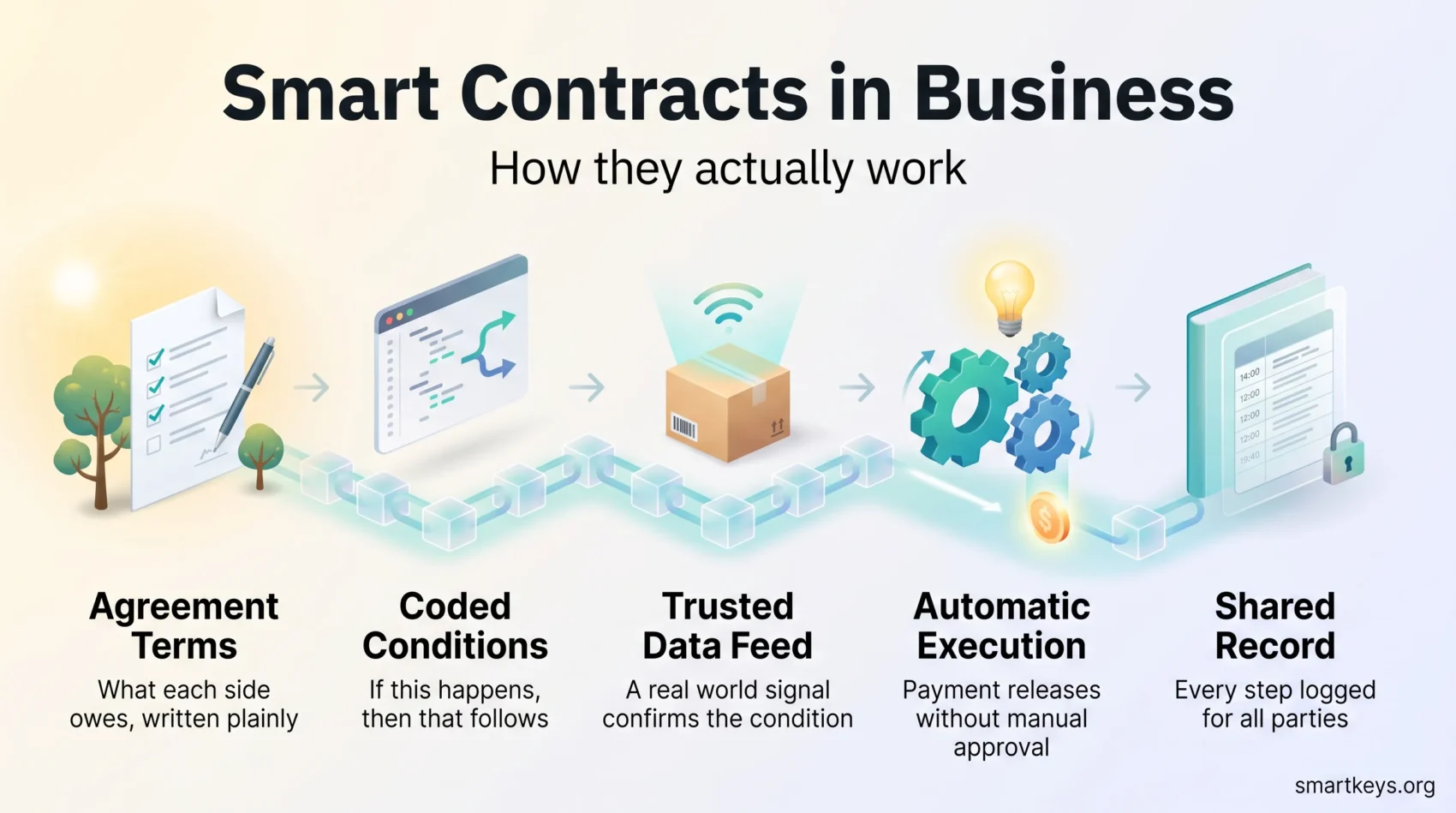 Infographic showing how smart contracts in business work, from agreement terms and coded conditions to automatic payment and a shared record.