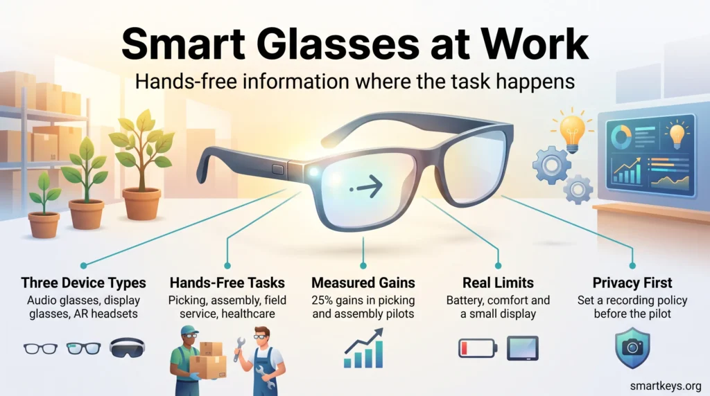 Infographic on smart glasses at work: three device types, hands-free tasks, measured gains in picking and assembly, real limits and privacy first.