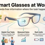 Smart Glasses for Work in 2026: Use Cases and Measured Results Infographic on smart glasses at work: three device types, hands-free tasks, measured gains in picking and assembly, real limits and privacy first.