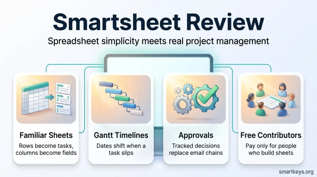 Smartsheet review infographic showing four strengths: familiar sheets, Gantt timelines with dependencies, tracked approvals and free contributor seats.