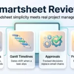 Smartsheet review infographic showing four strengths: familiar sheets, Gantt timelines with dependencies, tracked approvals and free contributor seats.