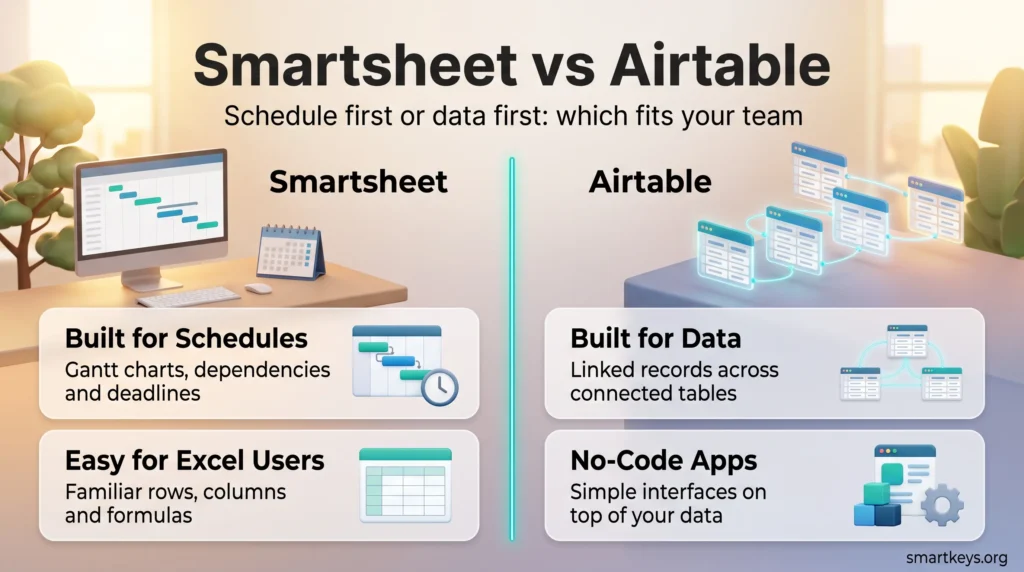 Smartsheet vs Airtable infographic comparing schedule-first planning with Gantt charts to linked database tables and no-code apps