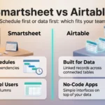 Smartsheet vs Airtable infographic comparing schedule-first planning with Gantt charts to linked database tables and no-code apps