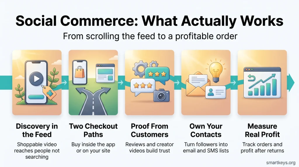 Social commerce infographic showing five steps: discovery in the feed, two checkout paths, customer proof, owning contacts and measuring real profit.