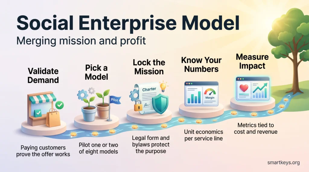 Social enterprise model infographic with five steps: validate demand, pick a model, lock the mission, know your numbers and measure impact.