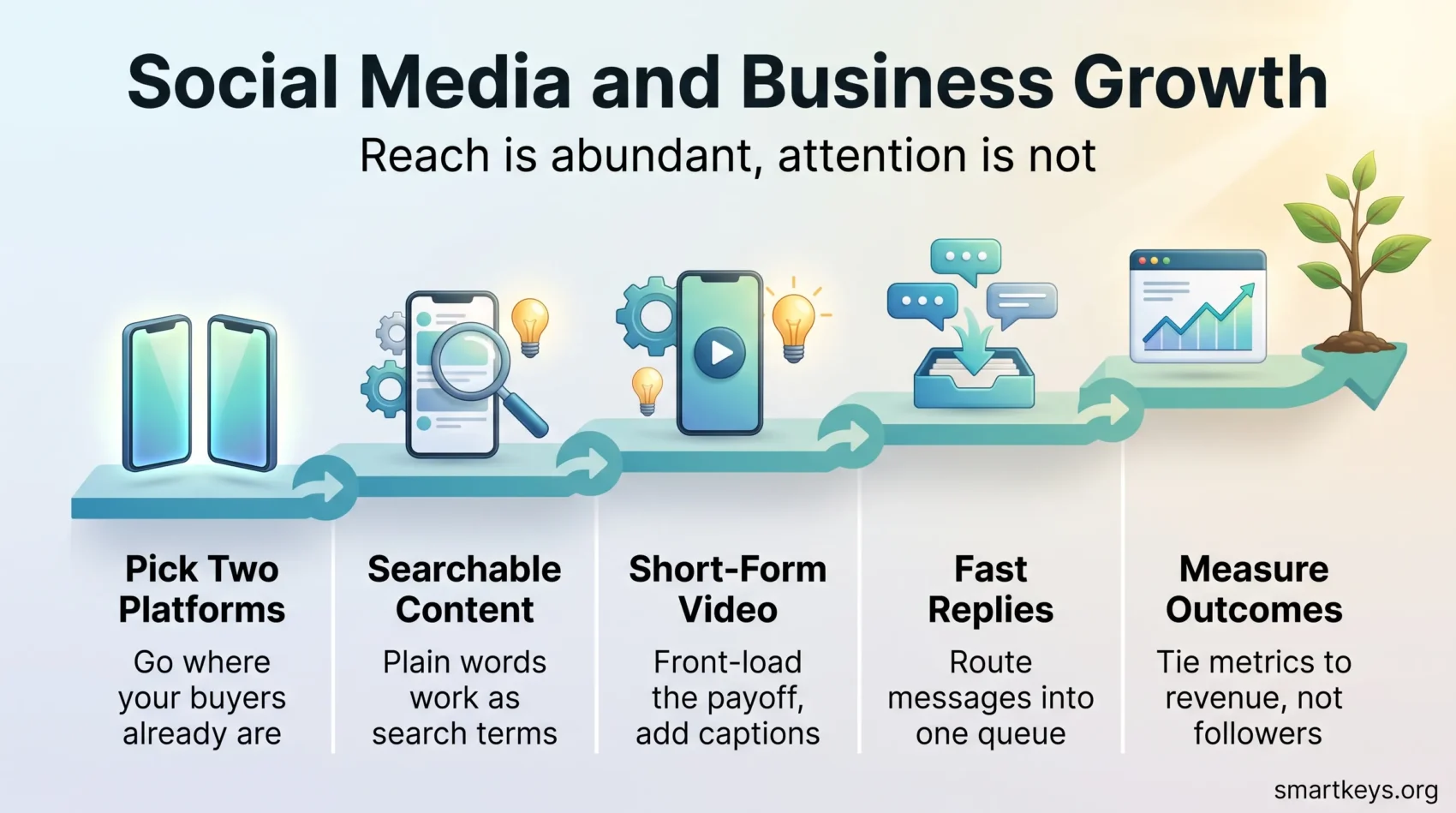 Infographic on social media and business growth: pick two platforms, searchable content, short-form video, fast replies and measuring outcomes.