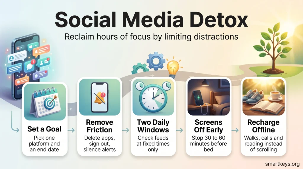 Social media detox infographic showing five steps: set a goal, remove friction, use two daily windows, switch screens off early and recharge offline.