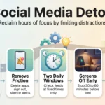Social Media Detox: Reclaim Hours of Focus Each Week by Limiting Distractions Social media detox infographic showing five steps: set a goal, remove friction, use two daily windows, switch screens off early and recharge offline.