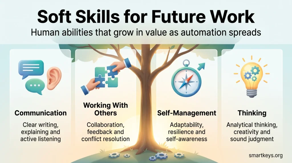 Soft skills for future work infographic showing four skill groups: communication, working with others, self-management and thinking.