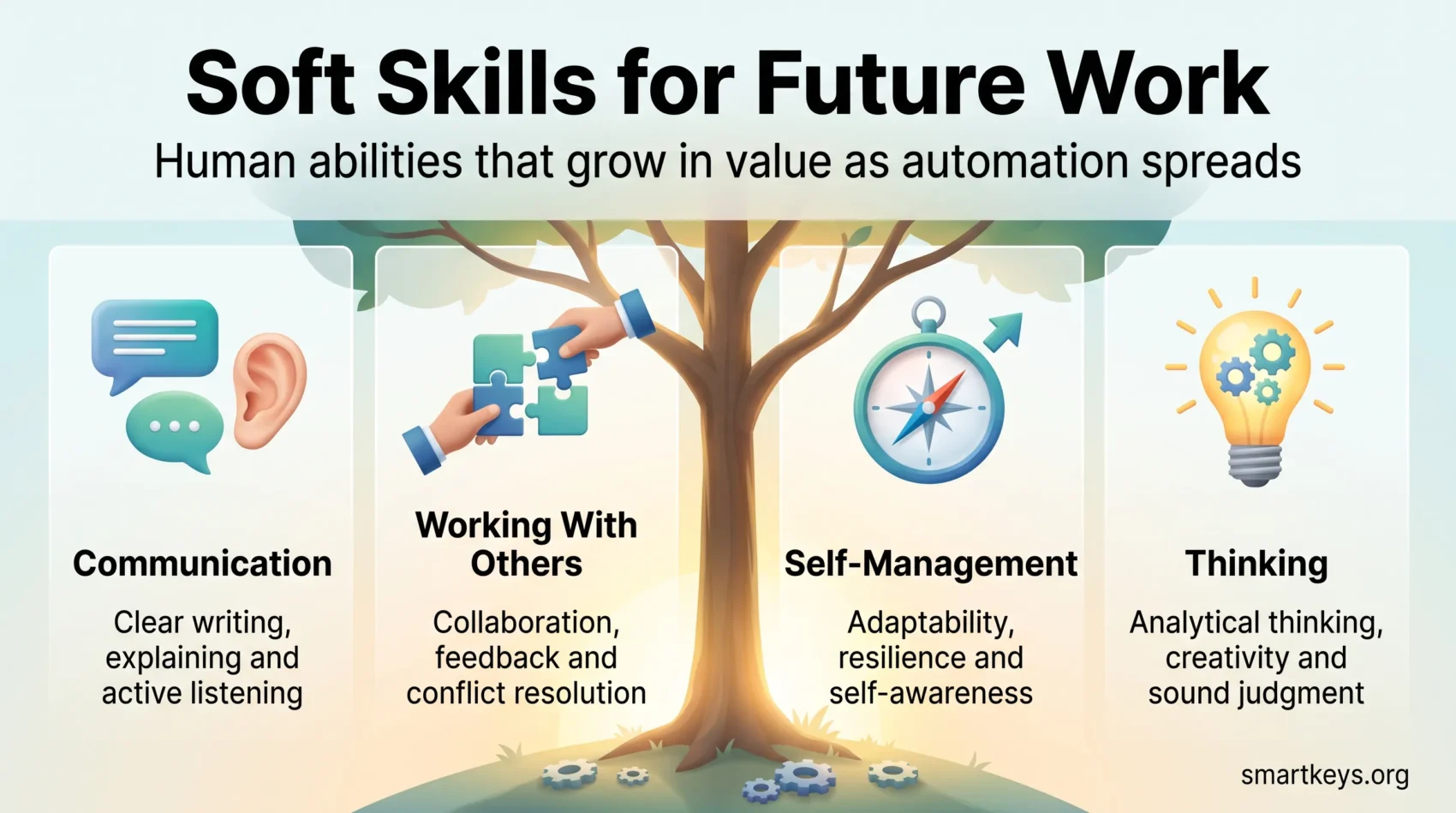 Soft skills for future work infographic showing four skill groups: communication, working with others, self-management and thinking.