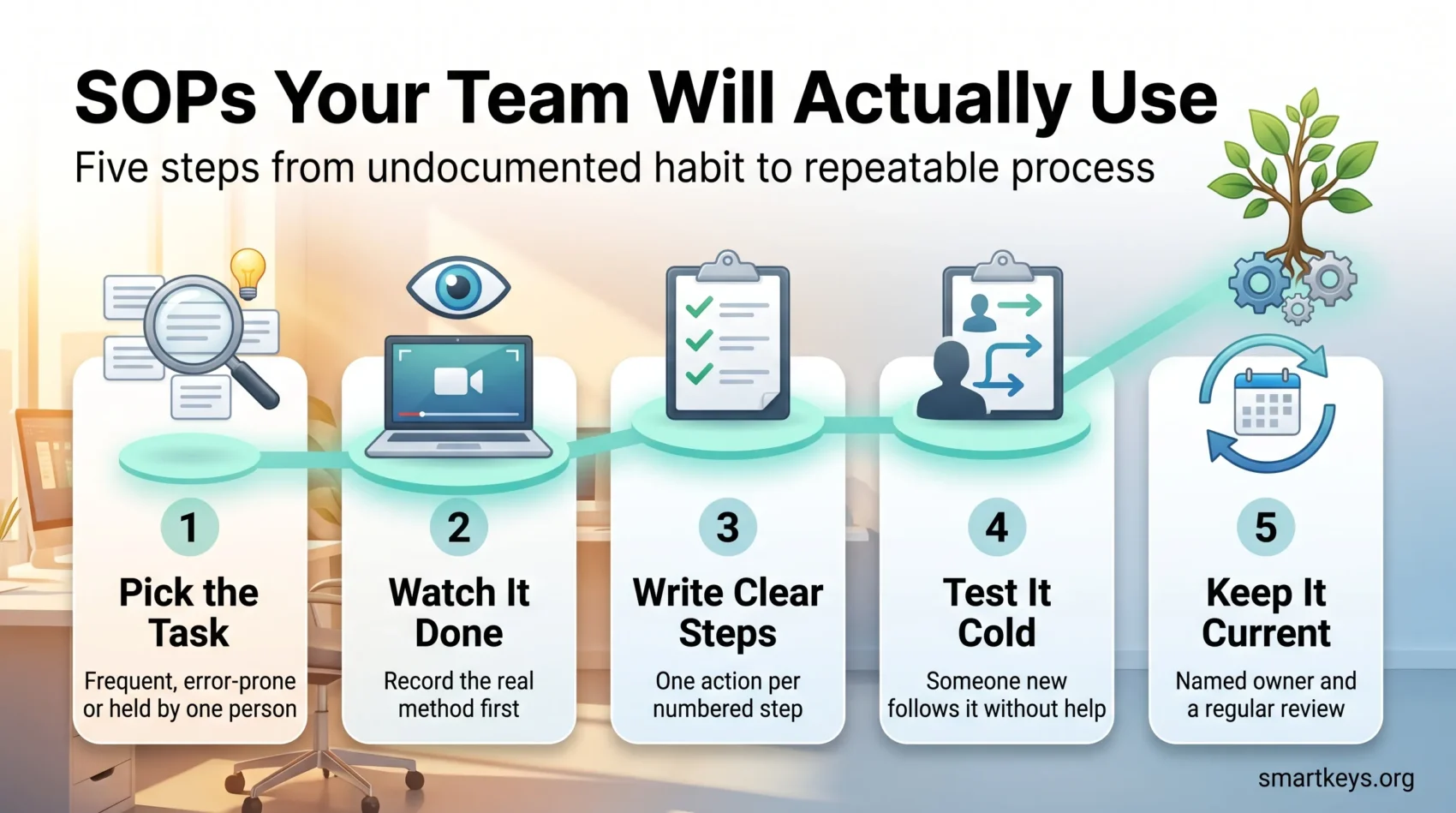 Infographic on how to write standard operating procedures in five steps: pick the task, watch it done, write clear steps, test it cold and keep it current.