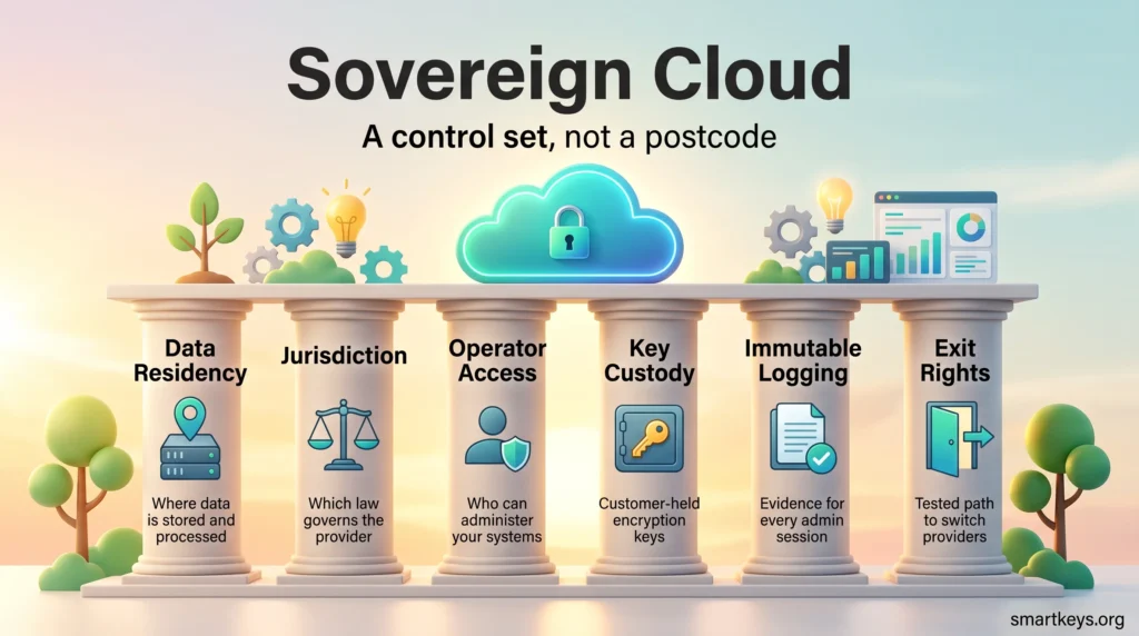 Sovereign cloud infographic: six pillars hold up a padlocked cloud, labeled data residency, jurisdiction, operator access, key custody, logging and exit rights.